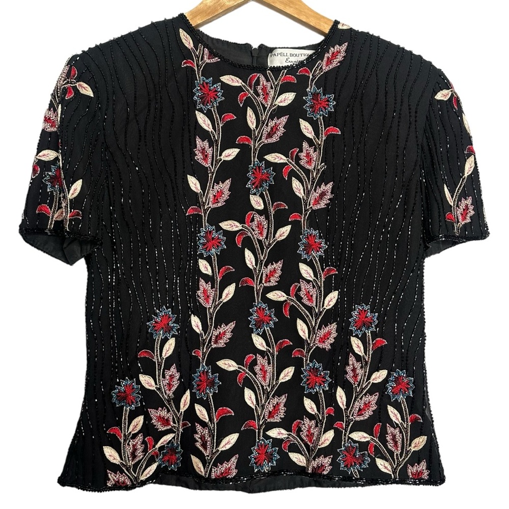 Vintage Adrianna Papell Silk Embroidered Beaded Floral Blouse Top
